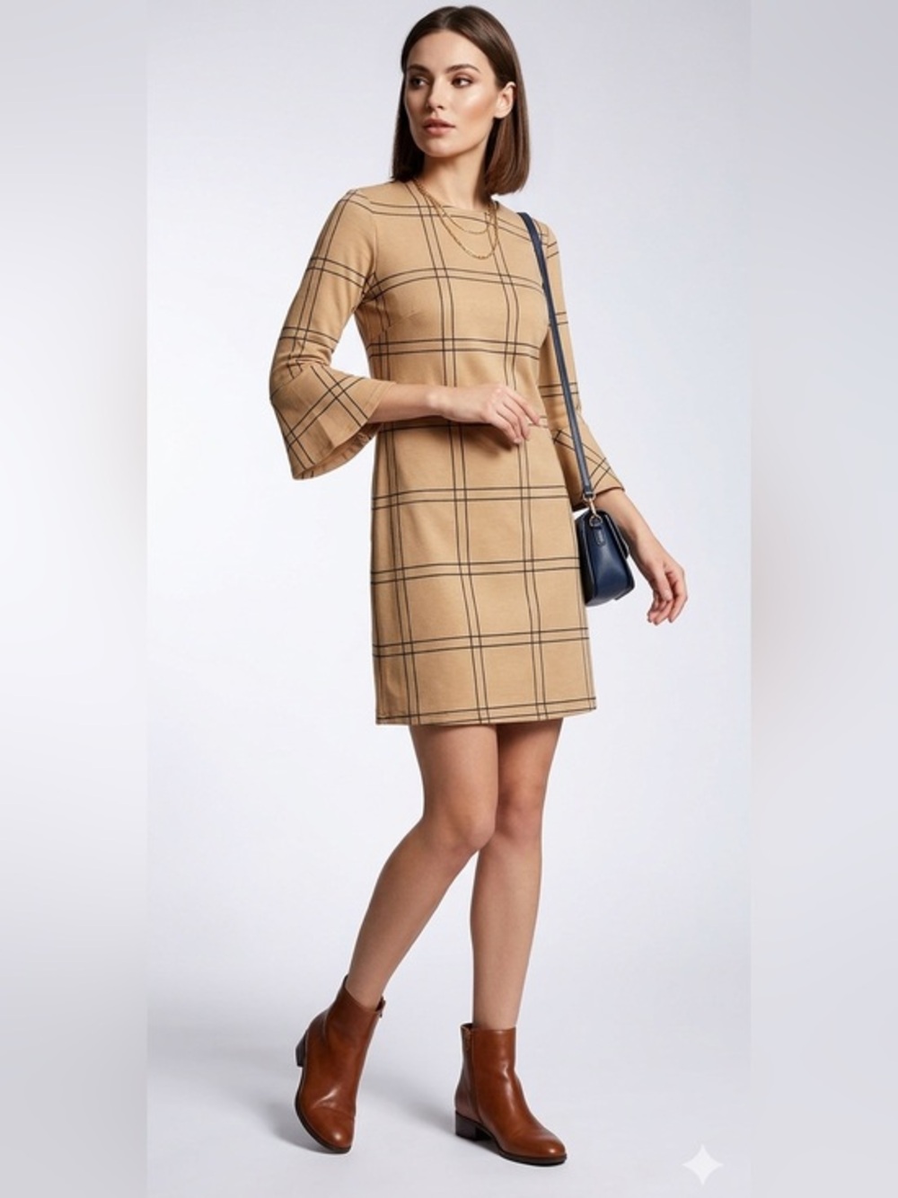 New Boohoo Tan Plaid Bell-Sleeve Shift Dress Size 4 Small